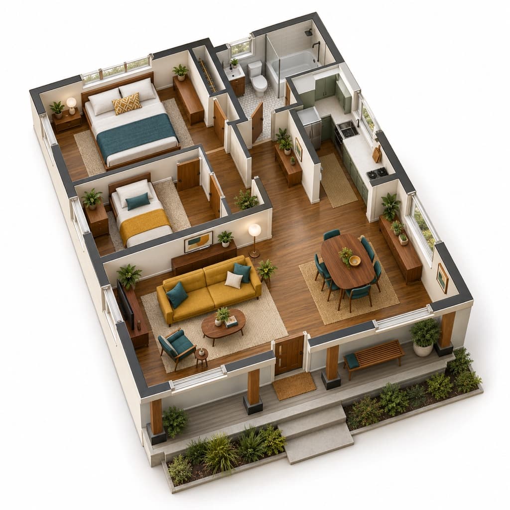 Bungalow cutaway from room photos