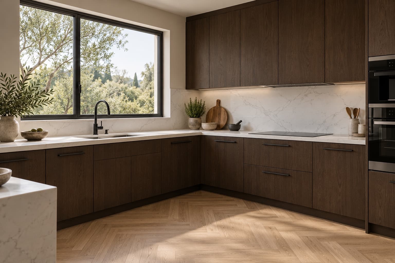 L-shaped kitchen, dark oak